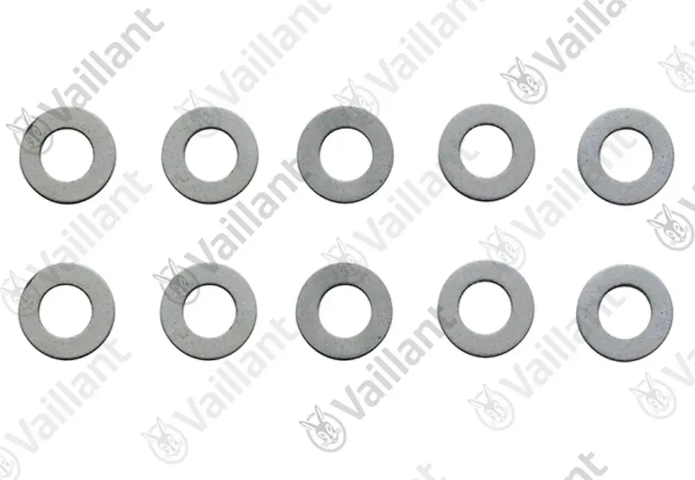 Zehn runde Metallunterlegscheiben von Vaillant, gleichmäßig angeordnet, mit zentralem Loch. Sie sind grau und zeigen eine einfache, flache Form.